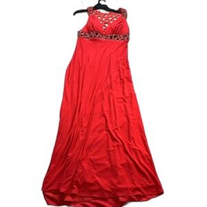Vintage 90’s Ignite Evenings Red Formal Dress Beaded Emp Waist Lattice Back Y2K